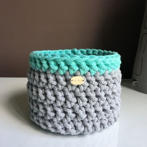 Koszyk ze sznurka bawełnianego jasno szary 100 z miętą 600 16x12 cm