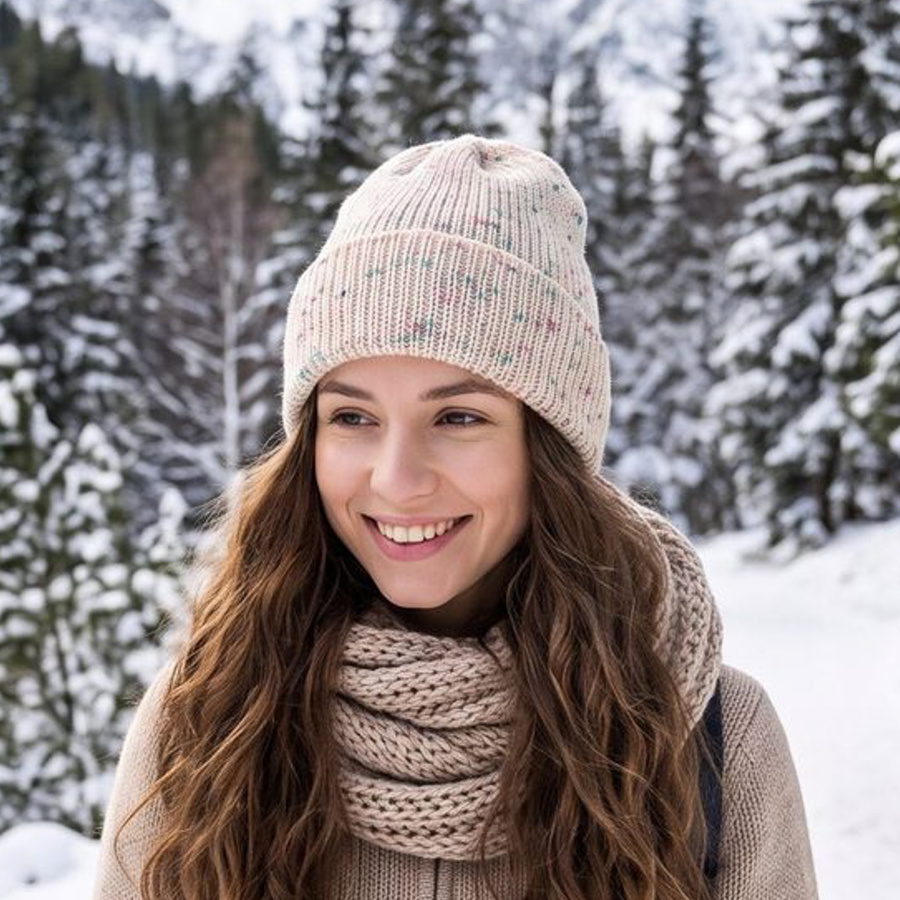 VARELLA Beanie-Mütze aus 100% Baby-Merinowolle mit Umschlag 101 Jagody & Śmietanka