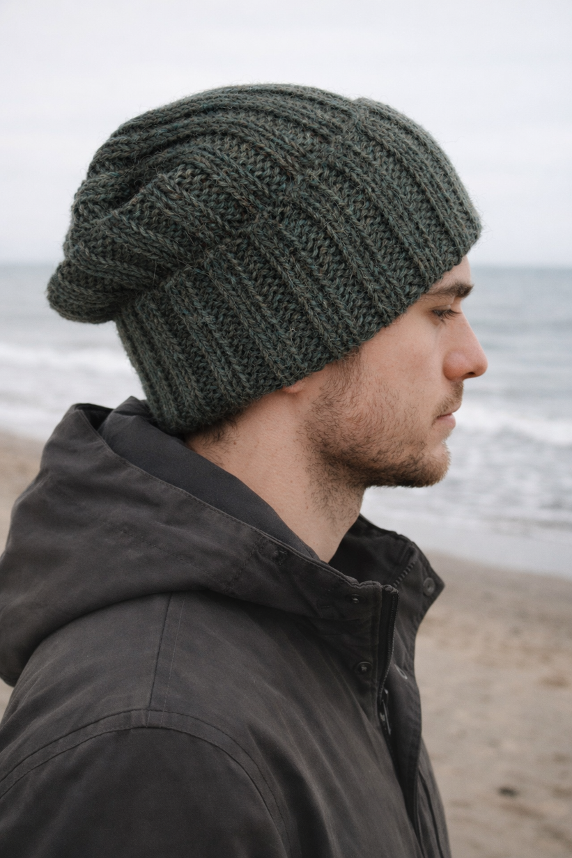 Czapka wywijana zrobiona ręcznie LAURIN 100% Alpaka 7815 Leśny mix