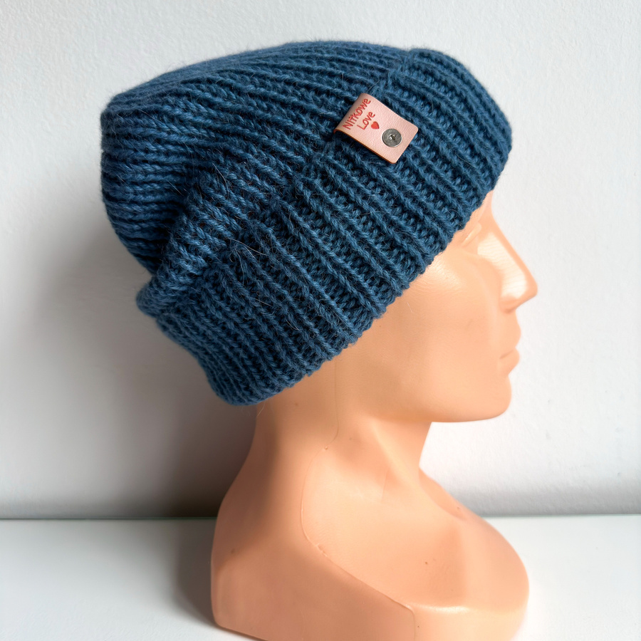 KIARA – czapka z alpaki damska 100% alpaka 6309 średni niebieski petrol, wywijana zimowa