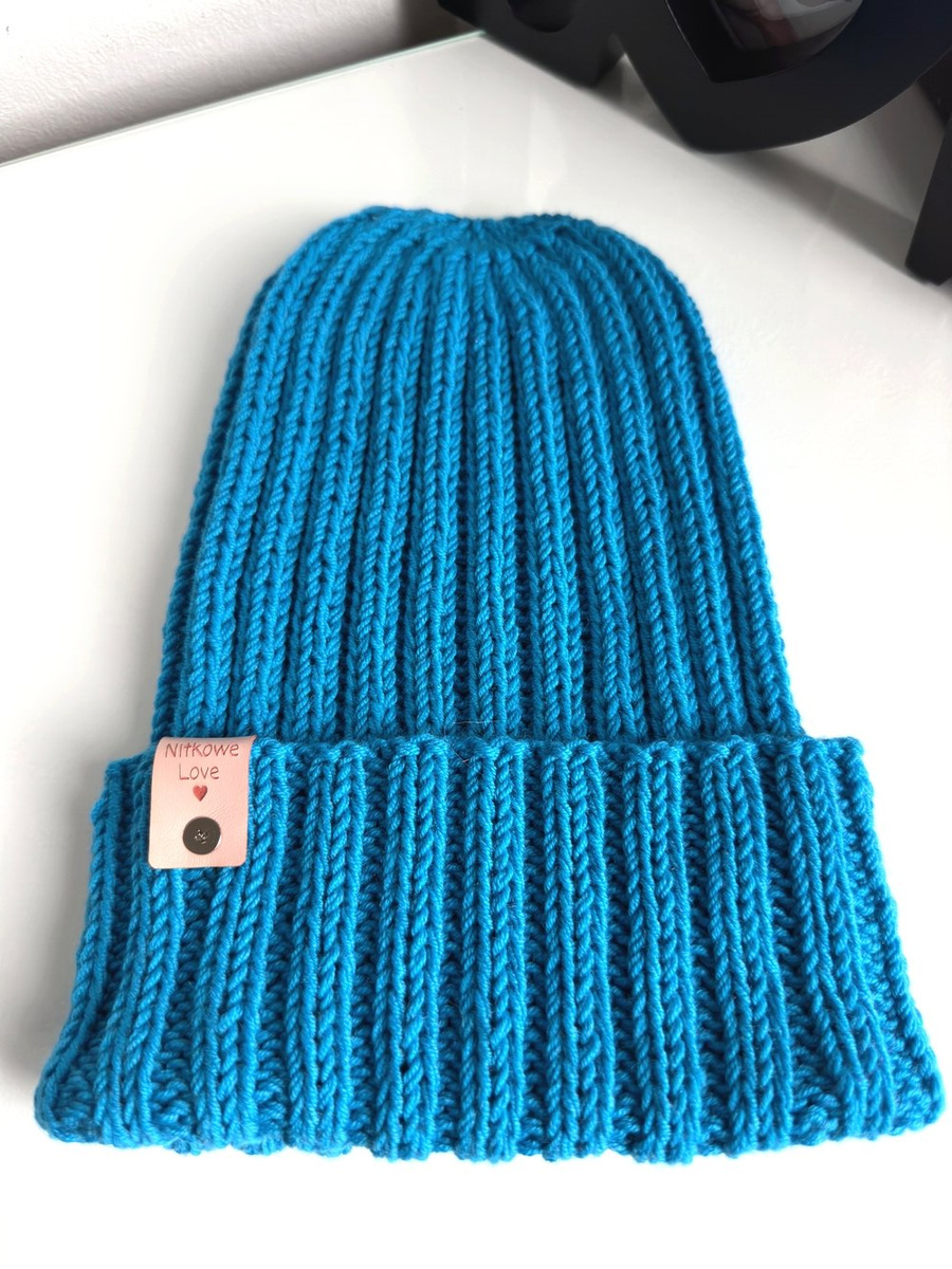 HELLI – czapka z wełny merino 100% Baby Merino 32 Turkusowy, wywijana, unisex, jesień/zima