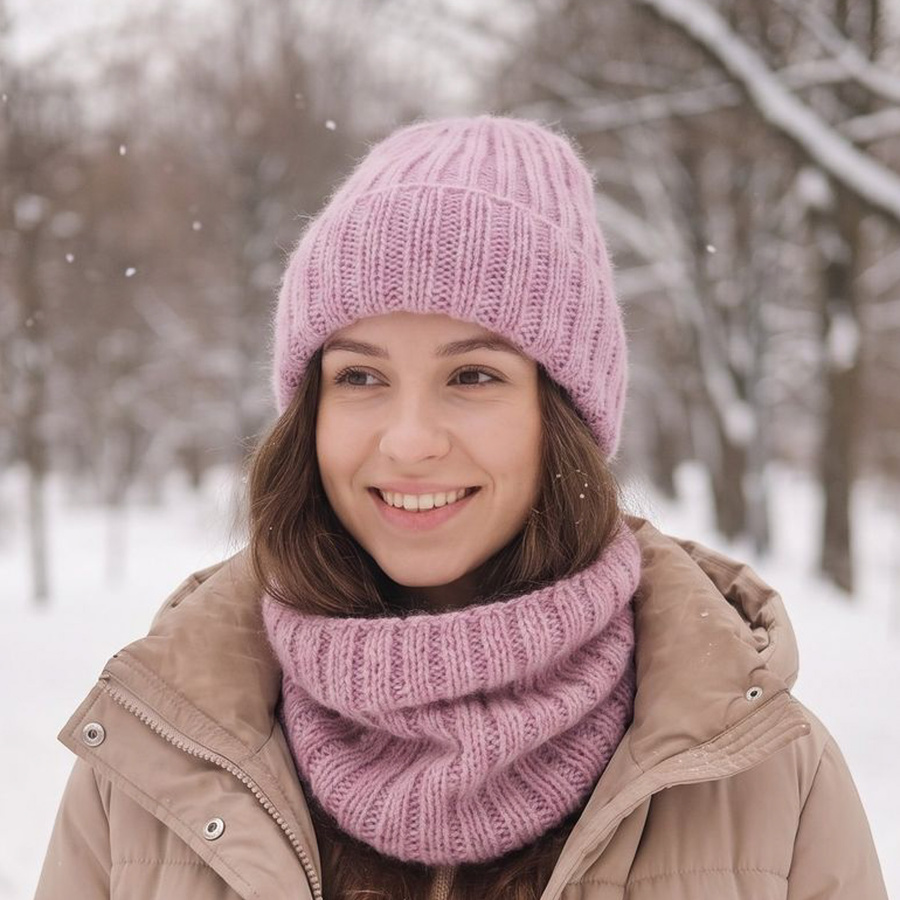 MARGARET Handgemachte Mütze mit Umschlag Alpaka Mohair und Seide 3112/36 Rosa mit einem Hauch Beige