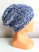 Winter Slouchy Beanie in 100% Baby Merino – Blue Shades, Hand-K