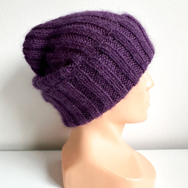 Ręcznie robiona Czapka wywijana MARGARET 100% Alpaka + nitka moher i jedwab 4400/16 Ciemnofioletowy