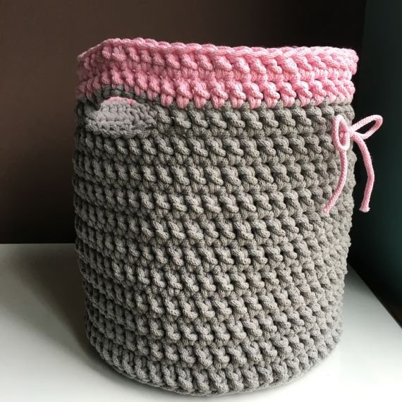 Kosz ze sznurka bawełnianego XL szary 125 z różem 300 30x34 cm