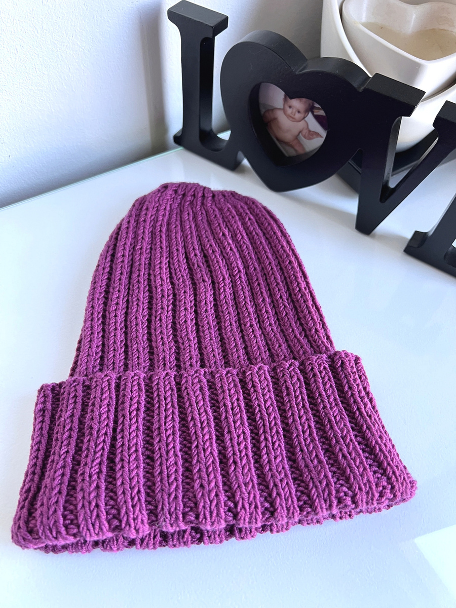 HELLI – wywijana czapka z wełny merino baby 100% 34 Wrzos