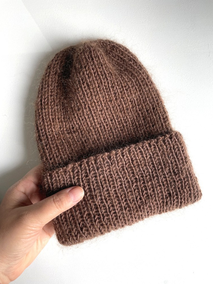 AUREA – czapka beanie handmade baby merino + moher i jedwab 52/35 Czekolada