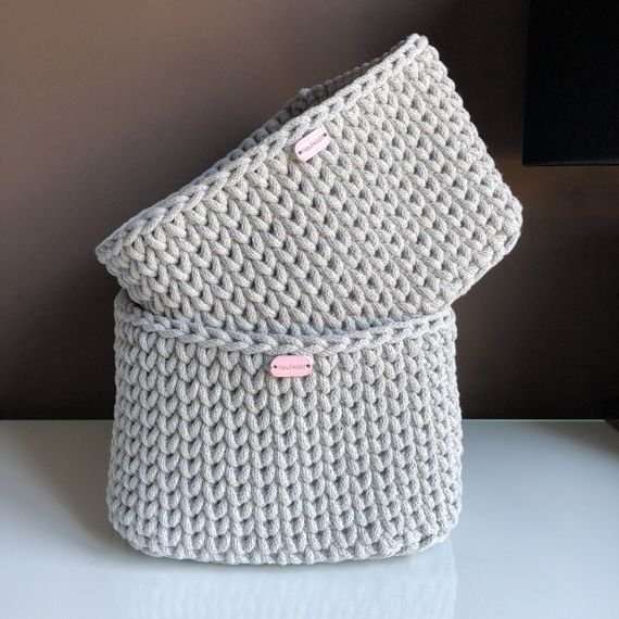 Ręcznie robiony Koszyk ze sznurka bawełnianego dno 25x25, wysokość 15 cm jasny szary 100