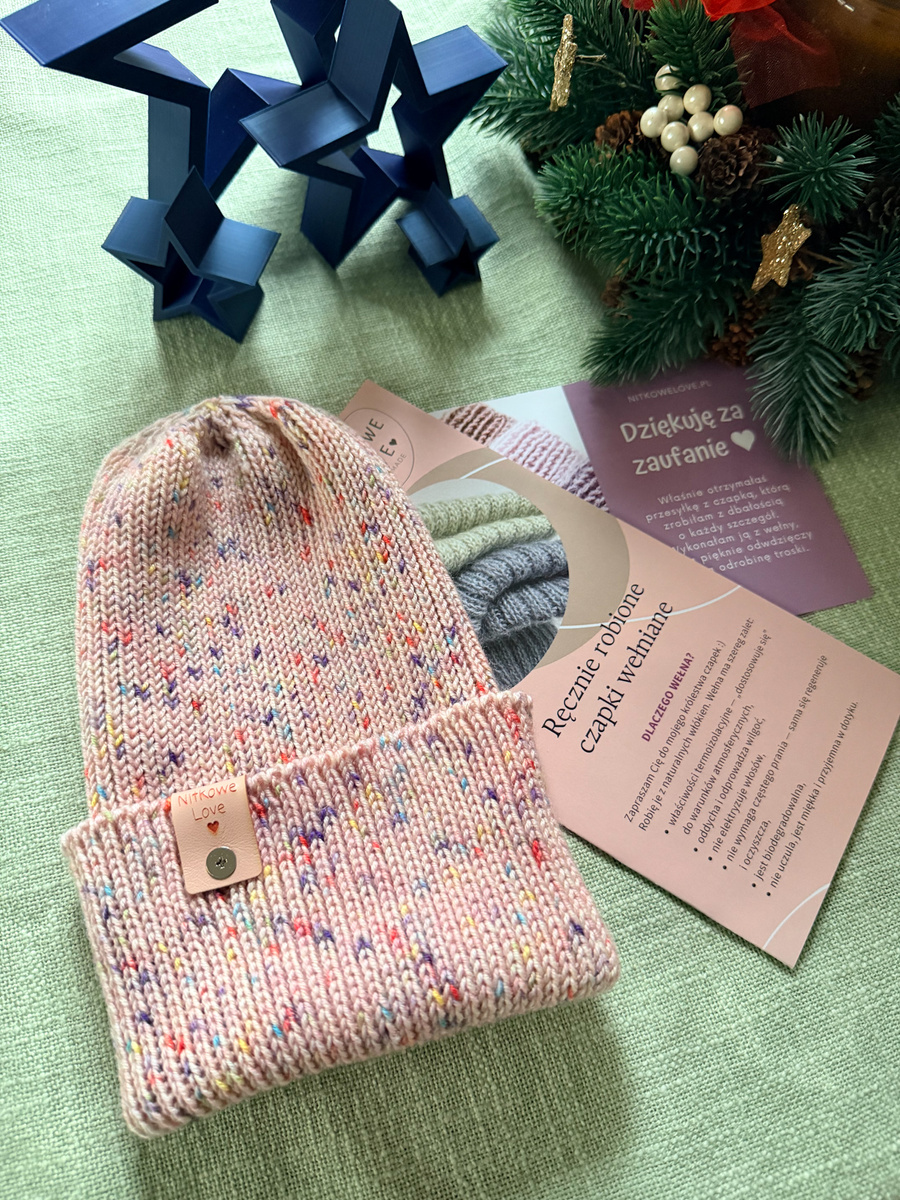 VARELLA Beanie-Mütze mit Umschlag 100% Baby-Merinowolle 103 Urodzinowe Confetti