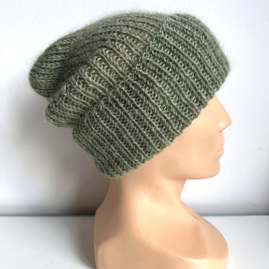 AUREA – czapka beanie handmade baby merino + moher i jedwab 38/18 Oliwka