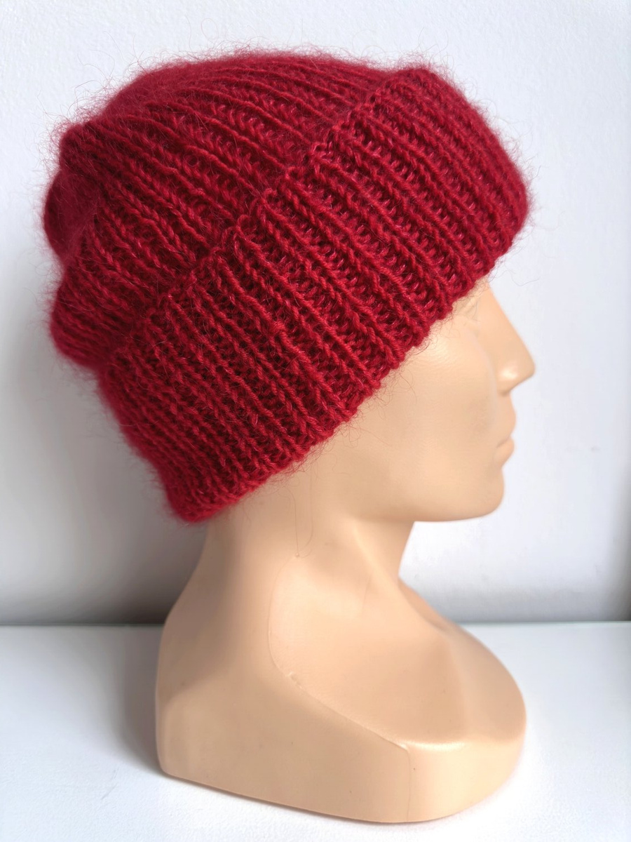 AUREA – ręcznie robiona ciepła czapka beanie z baby merino + moher i jedwab damska / dziecięca 16/14 Czerwony