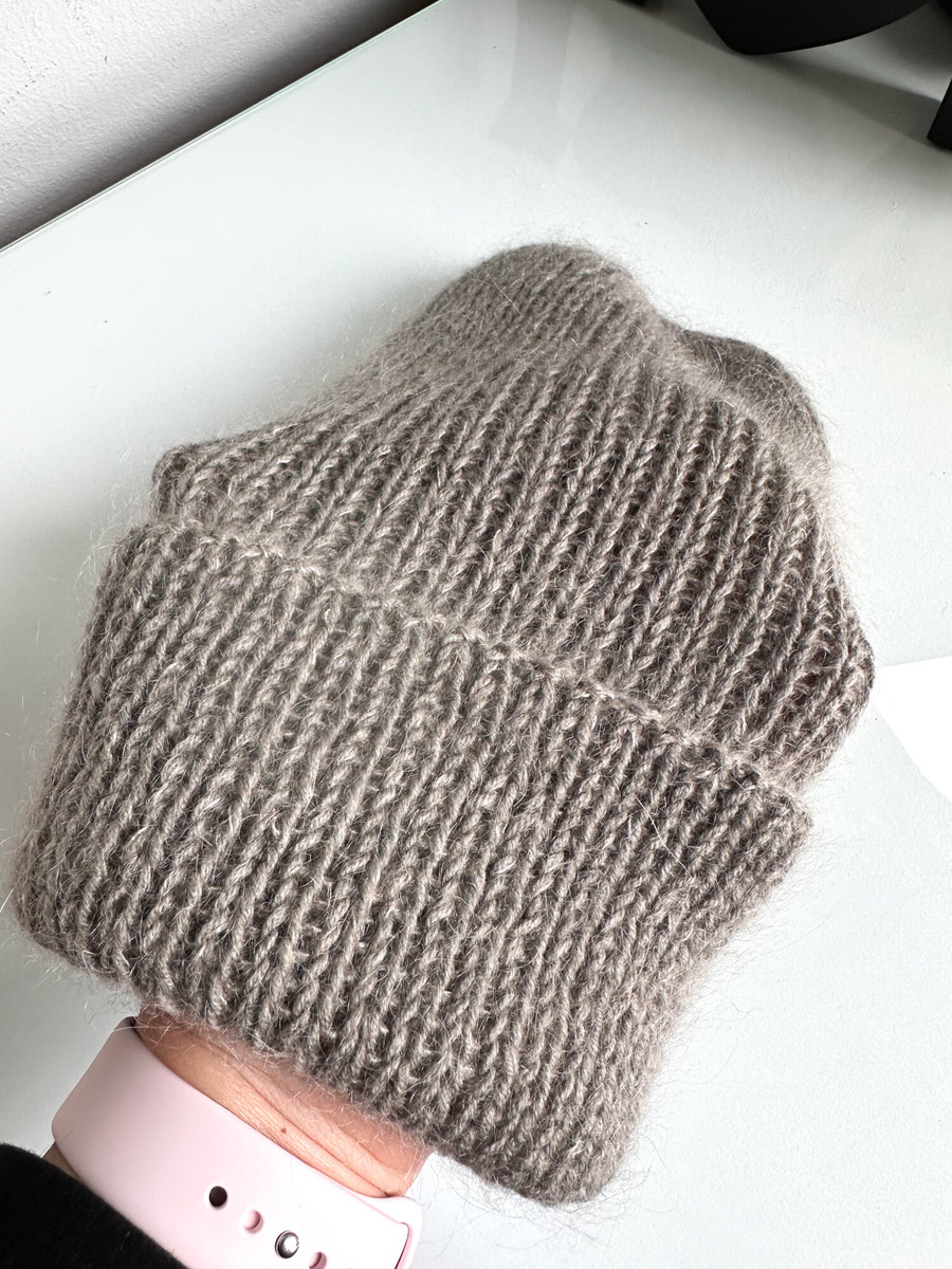 AUREA – czapka beanie handmade baby merino + moher i jedwab 57/12 Szaro-Brązowy