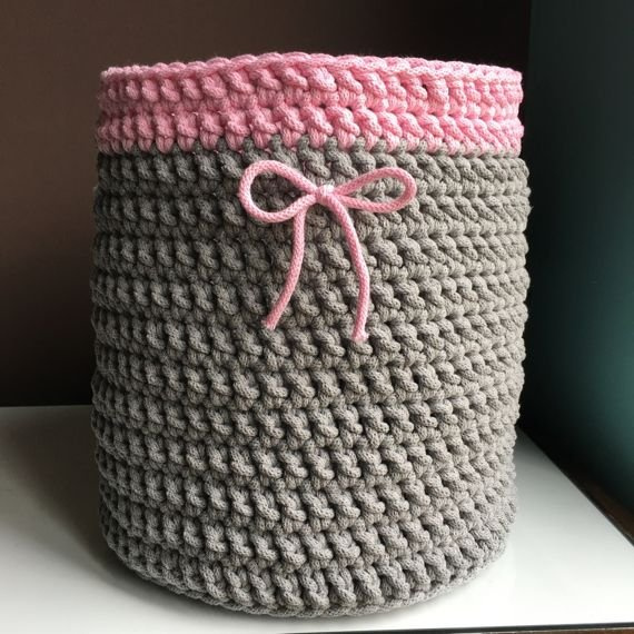 Kosz ze sznurka bawełnianego XL szary 125 z różem 300 30x34 cm