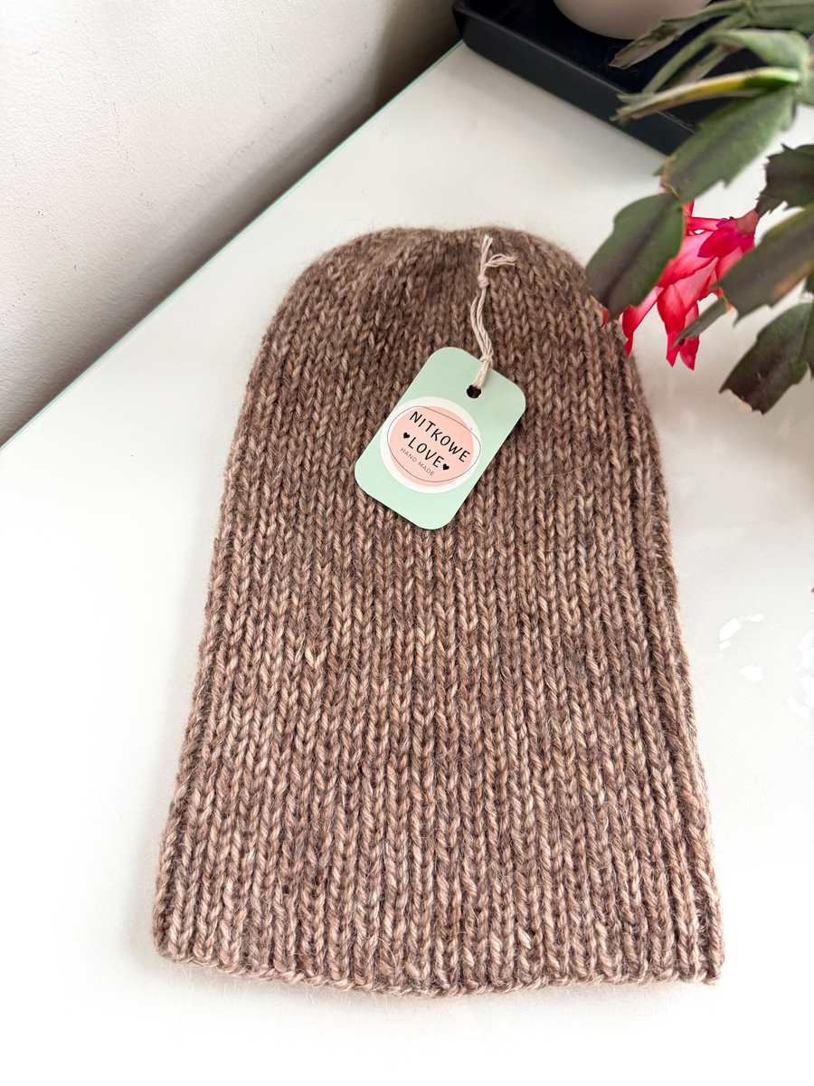 Handmade Czapka damska AUREA Print Merynos plus moher i jedwab 30 Prażony Migdał