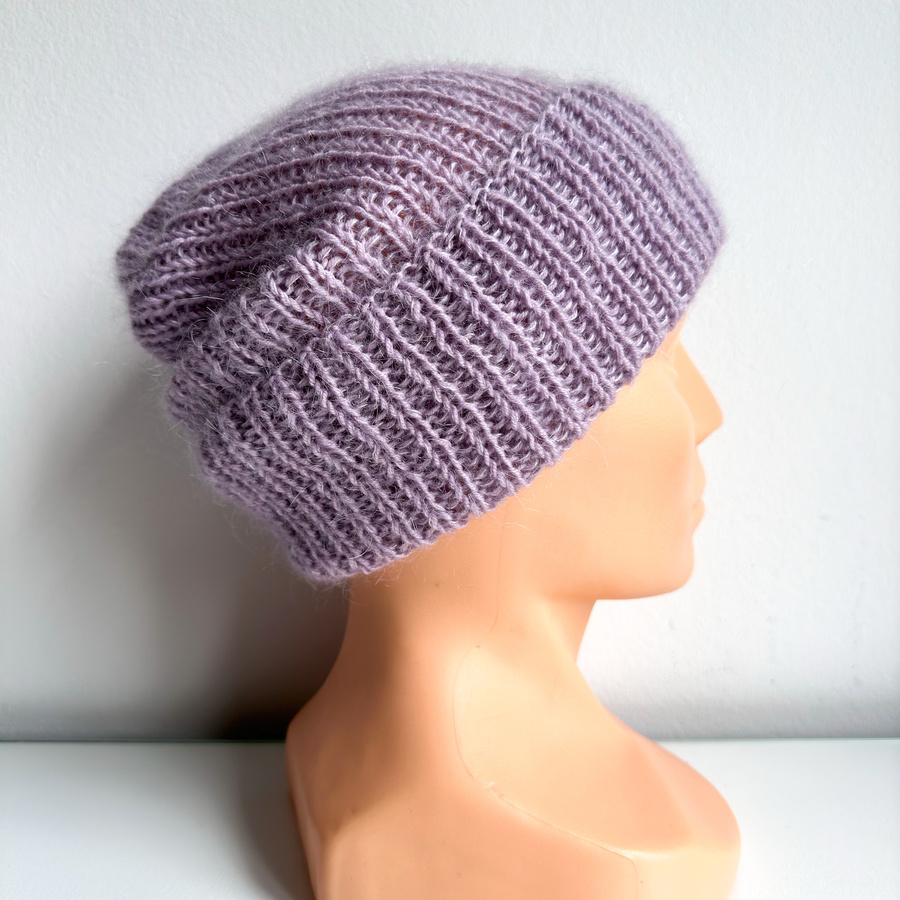 AUREA – cienka czapka beanie handmade baby merino + moher i jedwab damska/dziecięca 60/55 Lawendowy Szron