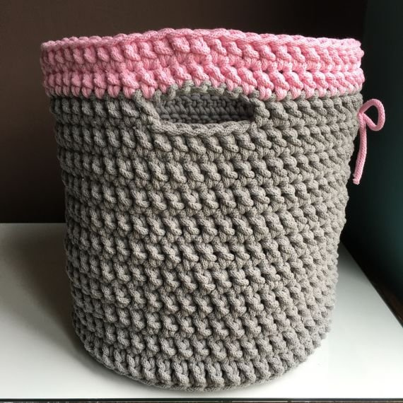 Kosz ze sznurka bawełnianego XL szary 125 z różem 300 30x34 cm